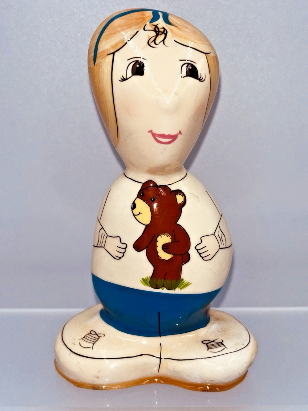 Vintage Rock Heads Figurine Girl Blonde Signed 1994 With Teddy Bear Ma Fernanda